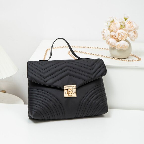 2/$30 Black Quilted Crossbody PU Leather Bag Gold Chain Strap & Top Handle Purse - Picture 6 of 6